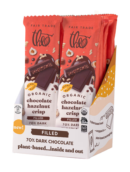 Box of 12 Theo Organic chocolate hazelnut crisps with visible branding and product details.