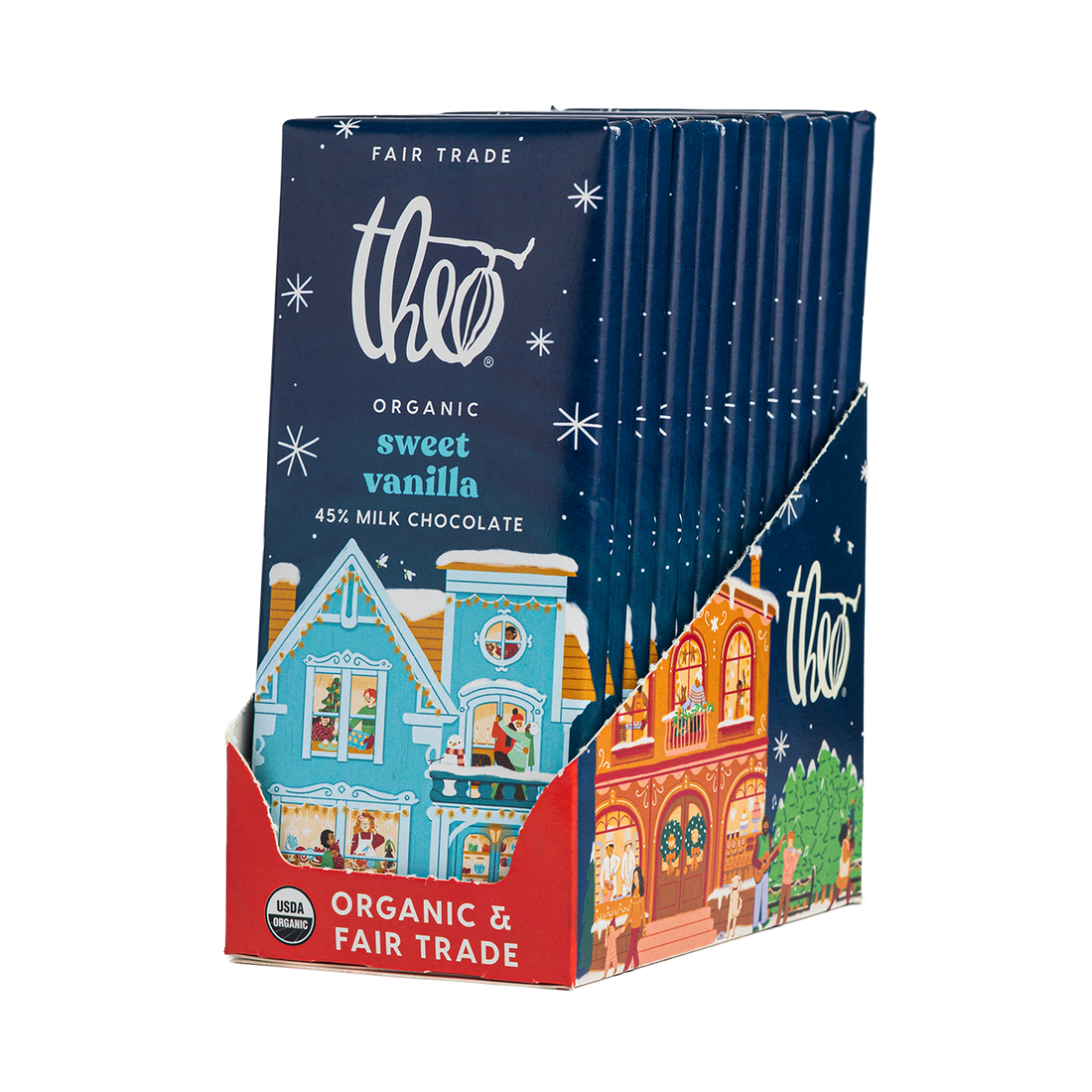 Box of 12 Theo Organic sweet vanilla chocolate bars with festive packaging.
