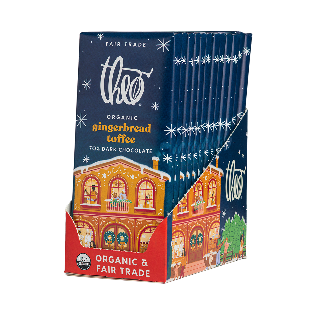 Box of 12 Theo Organic Gingerbread Toffee dark chocolate bars with festive design on a white background