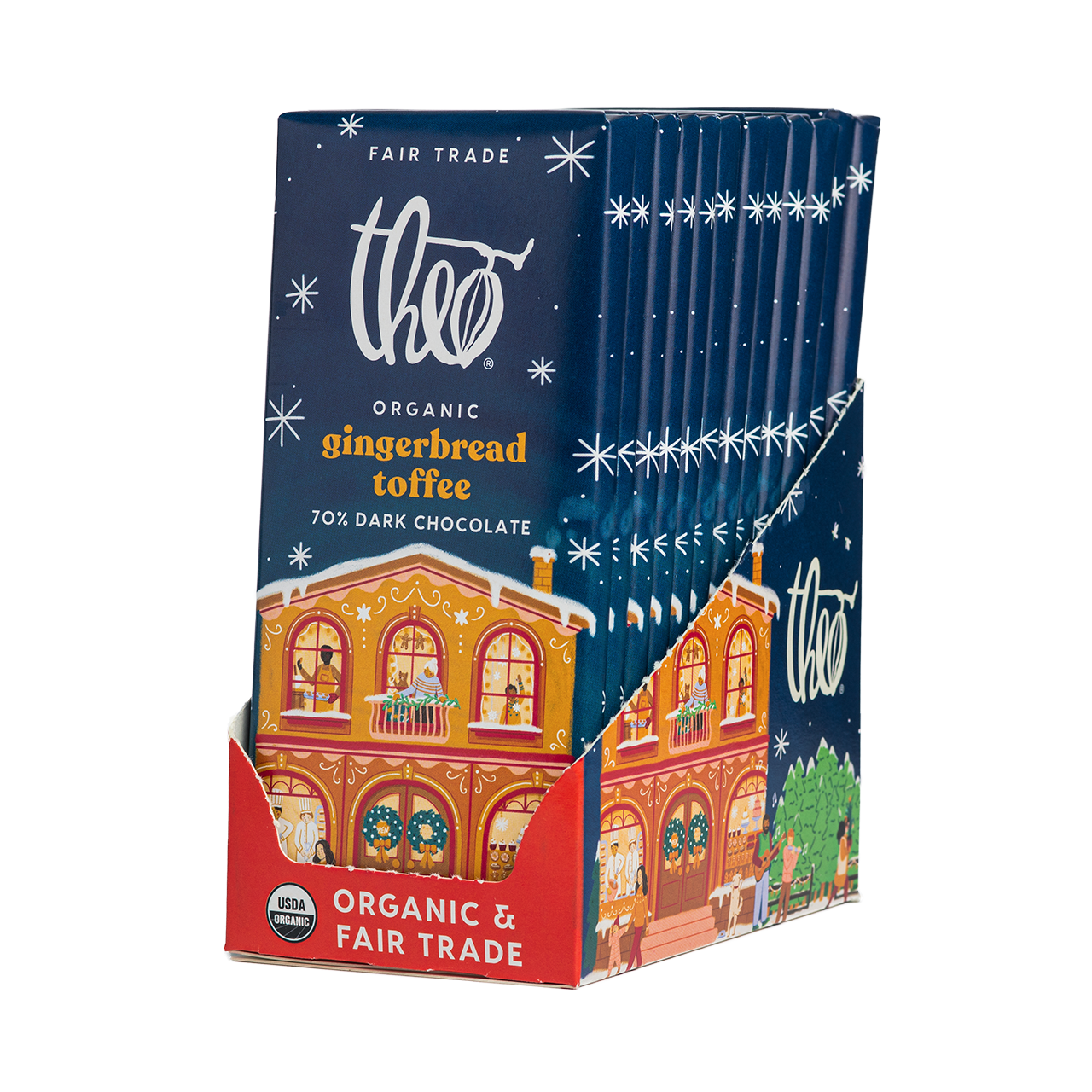 Box of 12 Theo Organic Gingerbread Toffee dark chocolate bars with festive design on a white background