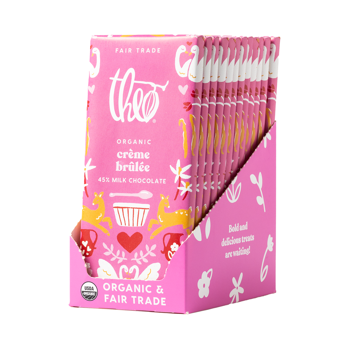 Pink box of 12 Theo Organic crème brélèe chocolate bars on a white background