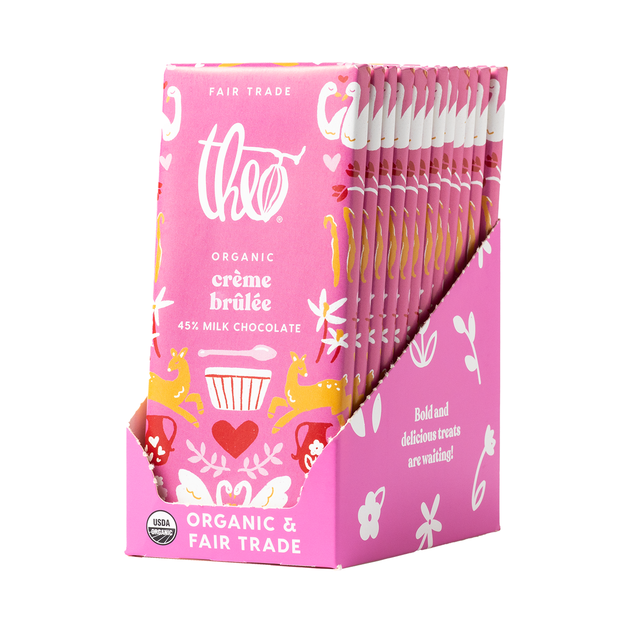 Pink box of 12 Theo Organic crème brélèe chocolate bars on a white background
