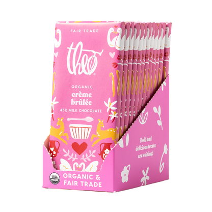 Pink box of 12 Theo Organic crème brélèe chocolate bars on a white background