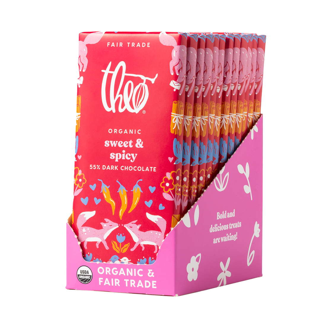 Box of 12 Theo Organic sweet &amp; spicy 55% dark chocolate bars on a white background