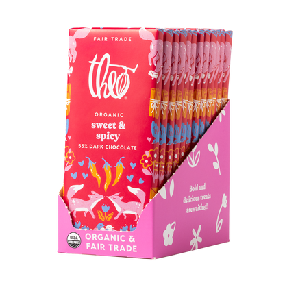 Box of 12 Theo Organic sweet &amp; spicy 55% dark chocolate bars on a white background