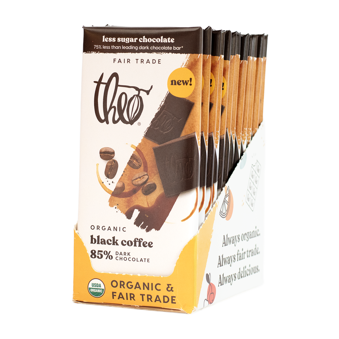 Box of 12 Theo Organic Black Coffee 85% Dark Chocolate bars