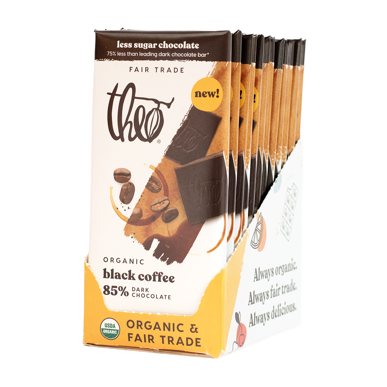 Box of 12 Theo Organic Black Coffee 85% Dark Chocolate bars