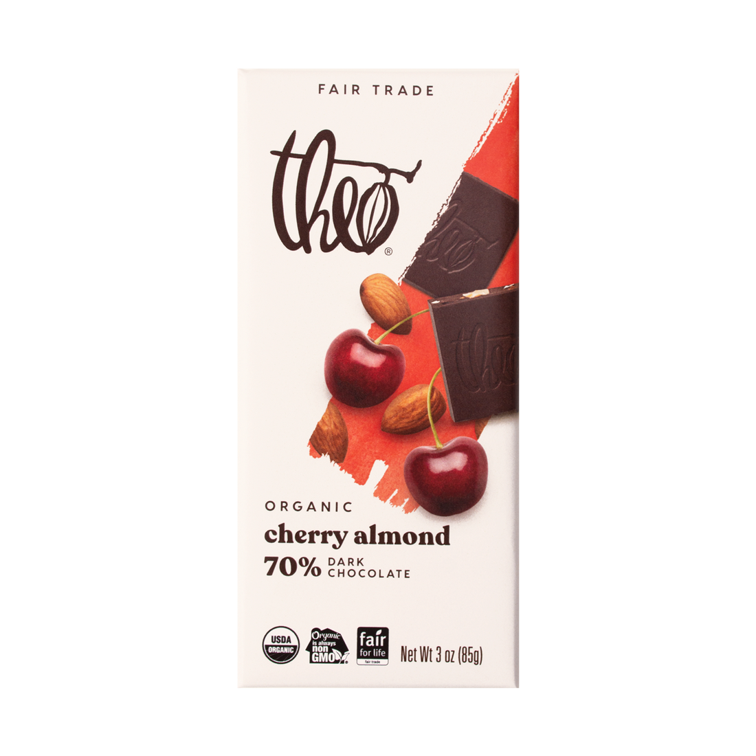 Theo Organic Cherry Almond 70% Dark Chocolate bar packaging on a white background