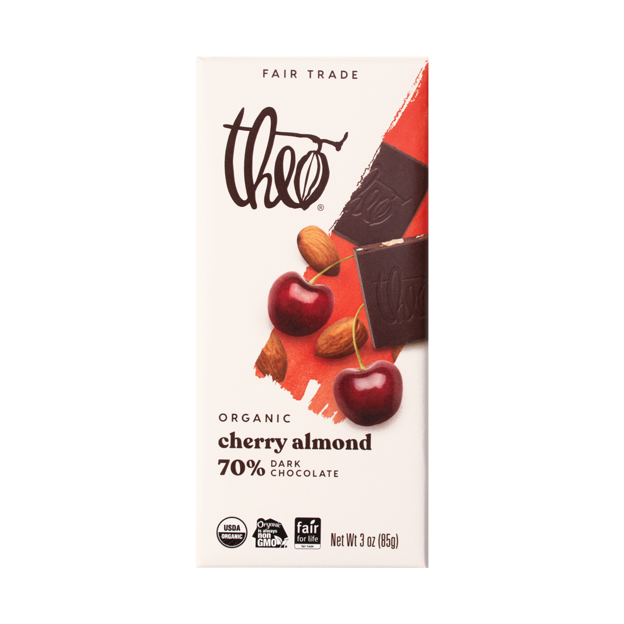 Theo Organic Cherry Almond 70% Dark Chocolate bar packaging on a white background