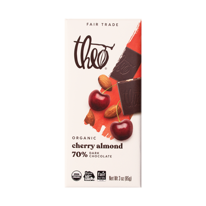 Theo Organic Cherry Almond 70% Dark Chocolate bar packaging on a white background