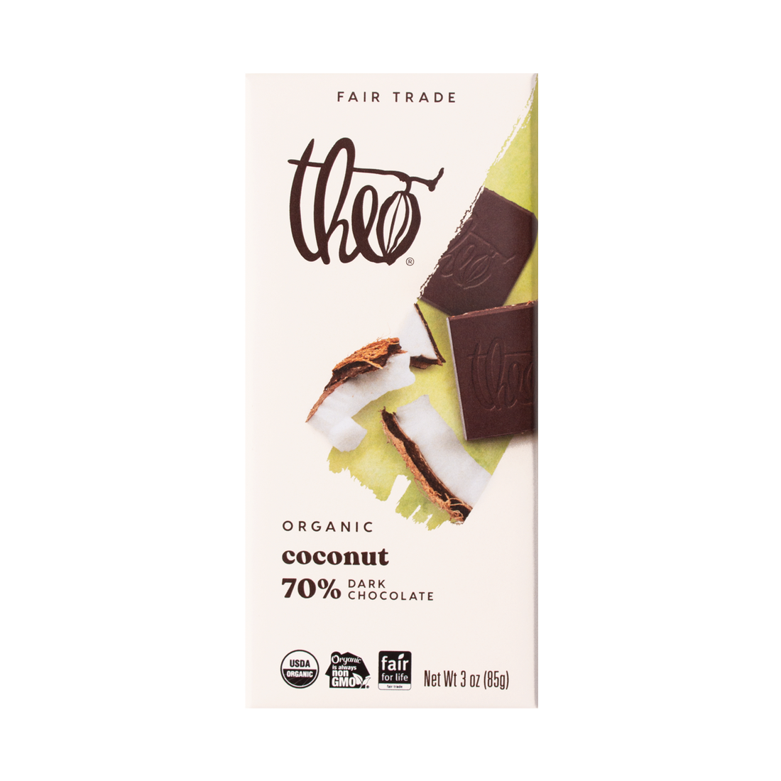 Theo Organic Coconut 70% Dark Chocolate bar packaging on a white background
