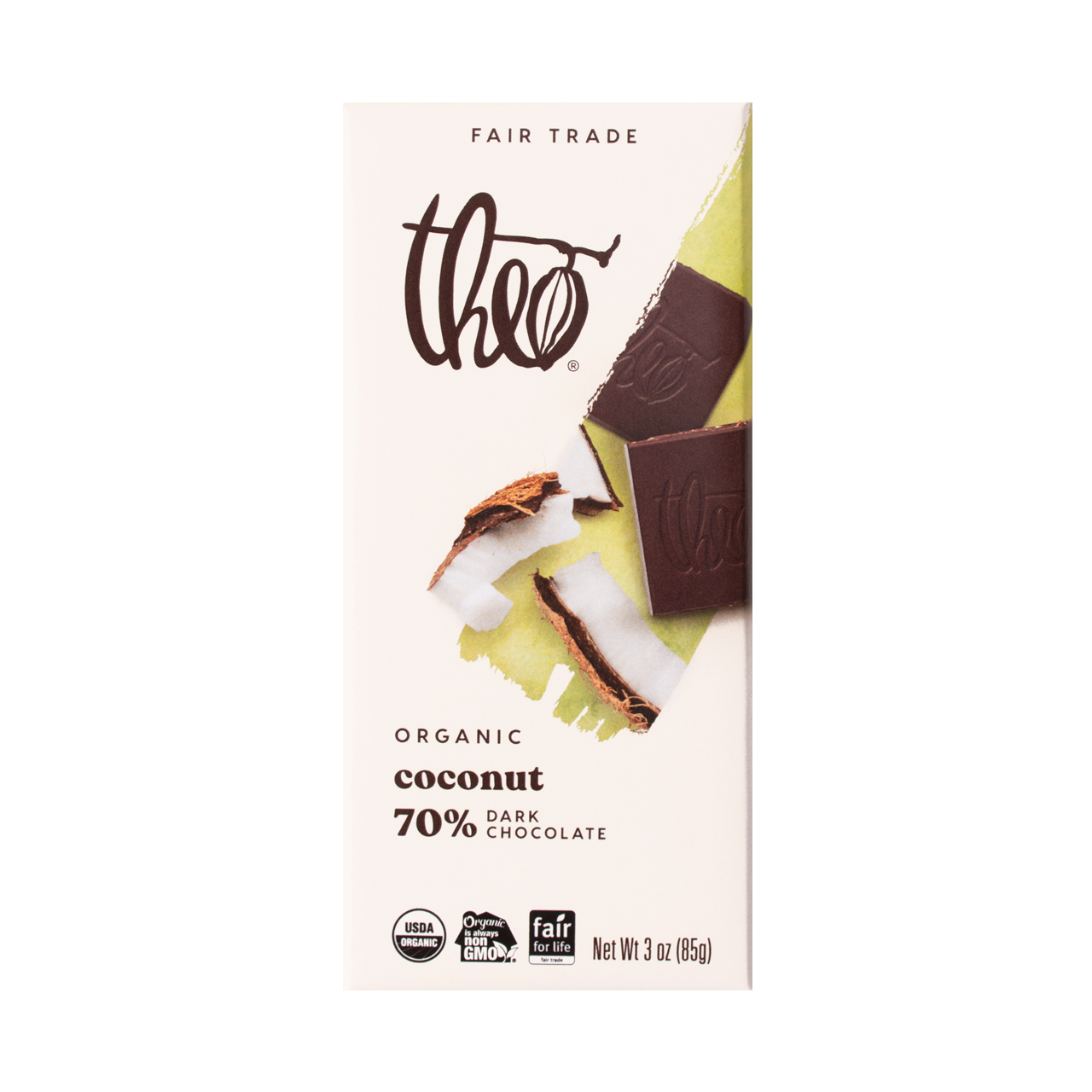 Theo Organic Coconut 70% Dark Chocolate bar packaging on a white background