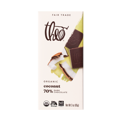 Theo Organic Coconut 70% Dark Chocolate bar packaging on a white background