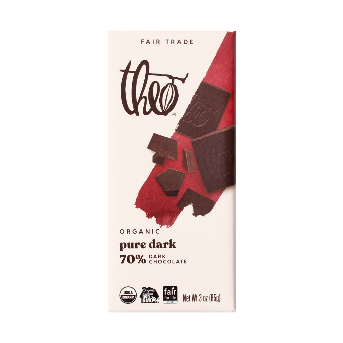 Theo Organic pure dark 70% dark chocolate bar packaging on a white background