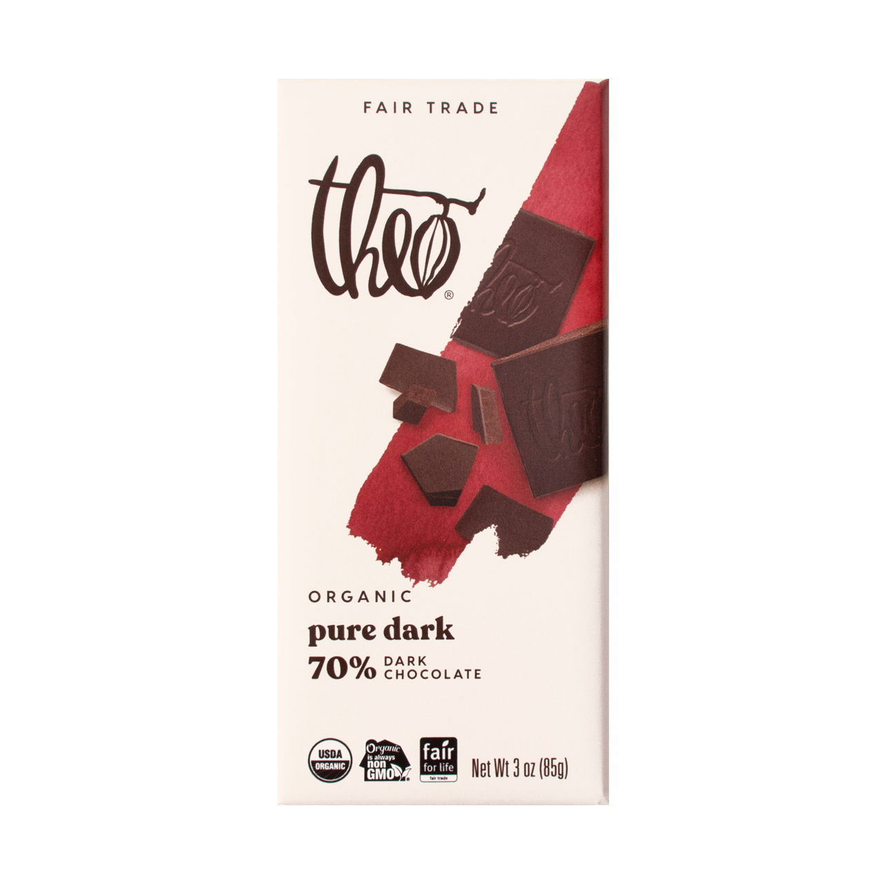 Theo Organic pure dark 70% dark chocolate bar packaging on a white background