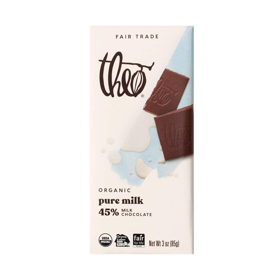 Theo Organic pure milk 45% chocolate bar packaging on a white background