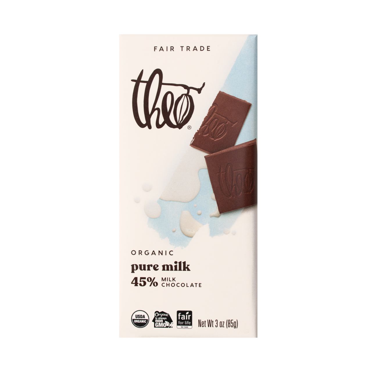 Theo Organic pure milk 45% chocolate bar packaging on a white background