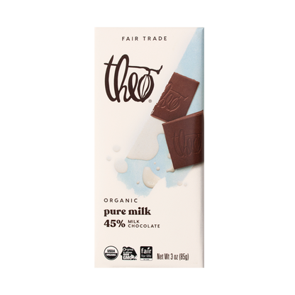 Theo Organic pure milk 45% chocolate bar packaging on a white background
