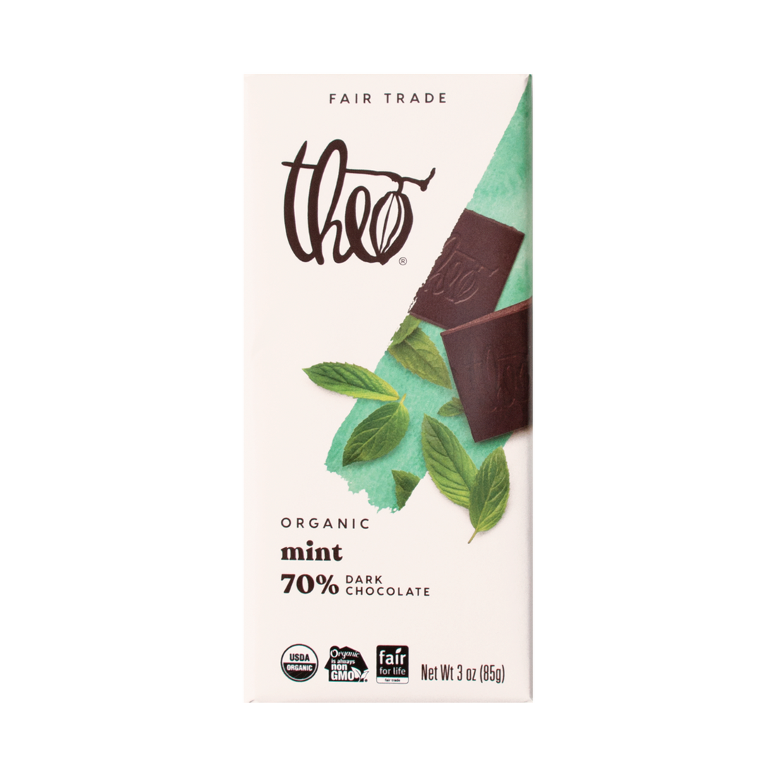Theo organic mint 70% dark chocolate bar packaging on a white background
