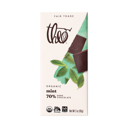 Theo organic mint 70% dark chocolate bar packaging on a white background
