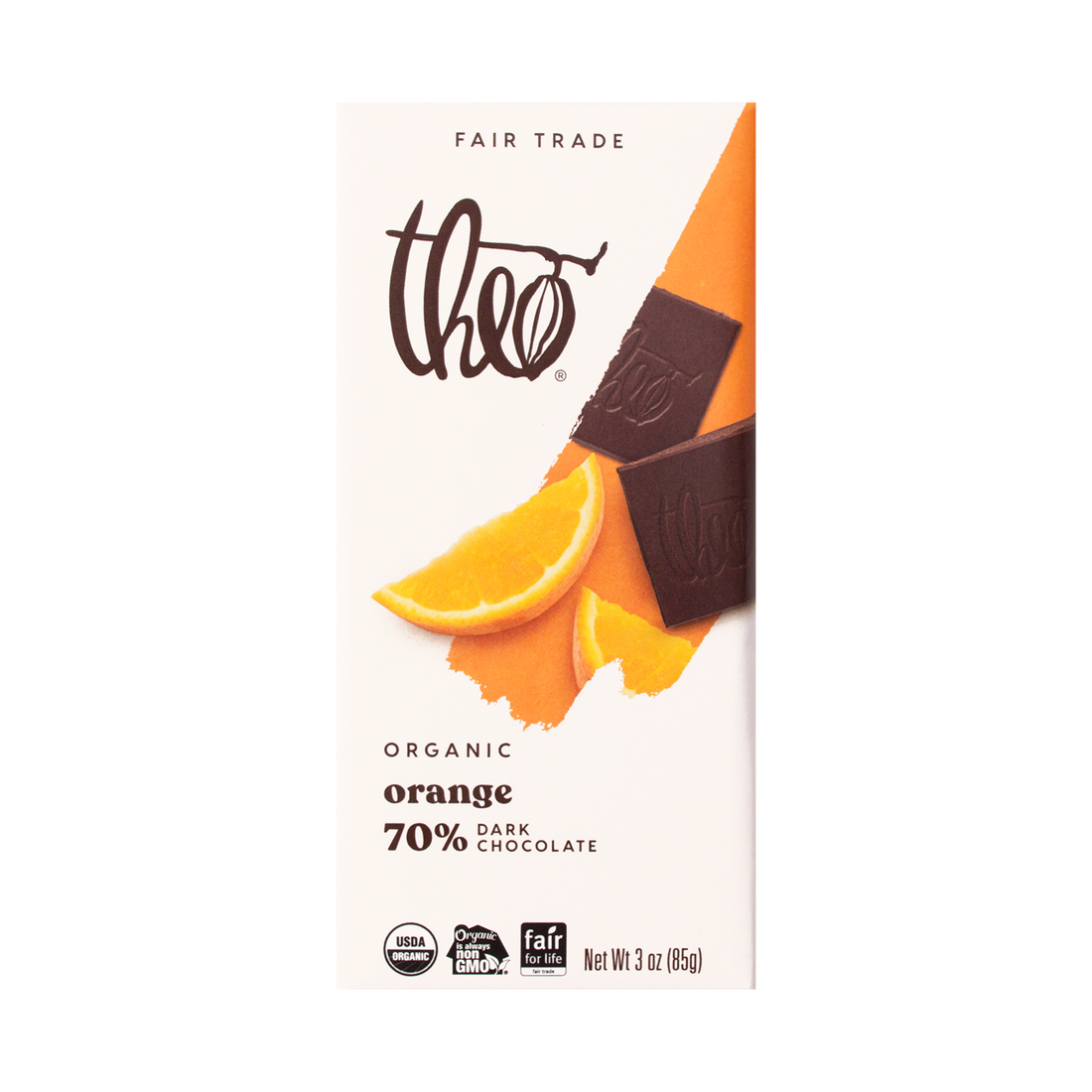 Theo Organic Orange 70% Dark Chocolate bar packaging on a white background