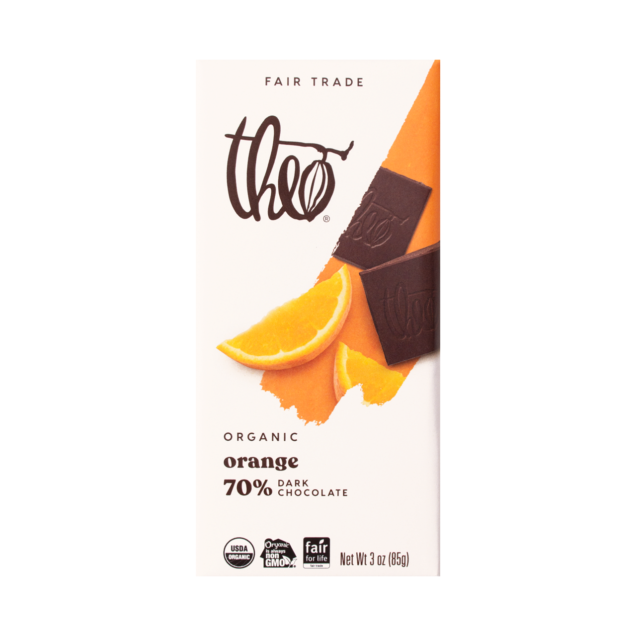 Theo Organic Orange 70% Dark Chocolate bar packaging on a white background