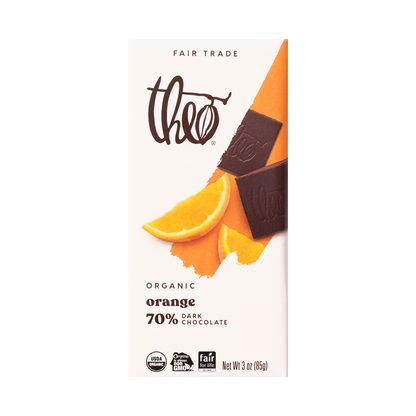 Theo Organic Orange 70% Dark Chocolate bar packaging on a white background