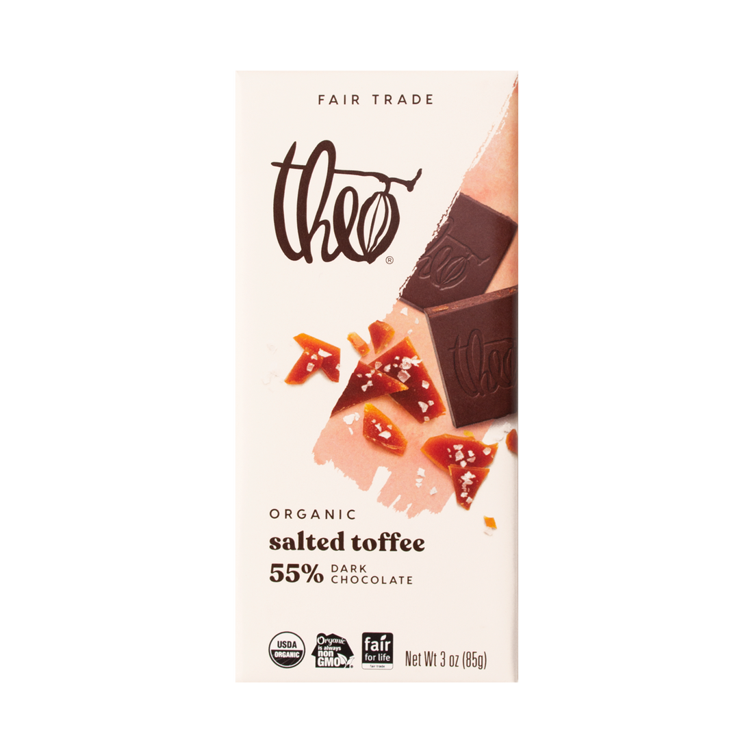 Theo salted toffee 55% dark chocolate bar packaging on a white background