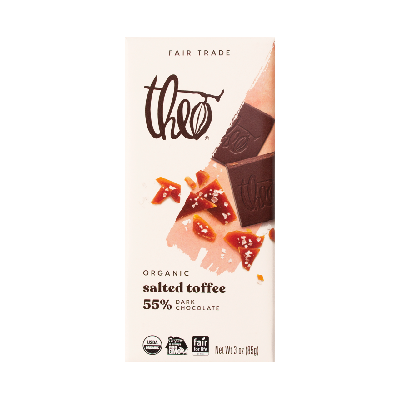 Theo salted toffee 55% dark chocolate bar packaging on a white background