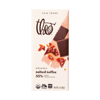 Theo salted toffee 55% dark chocolate bar packaging on a white background