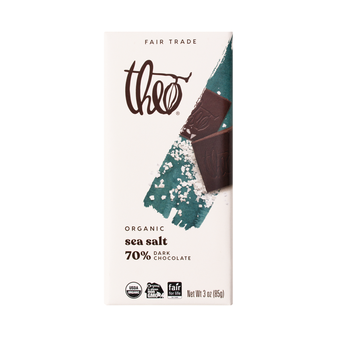 Theo Organic sea salt 70% dark chocolate bar packaging on a white background