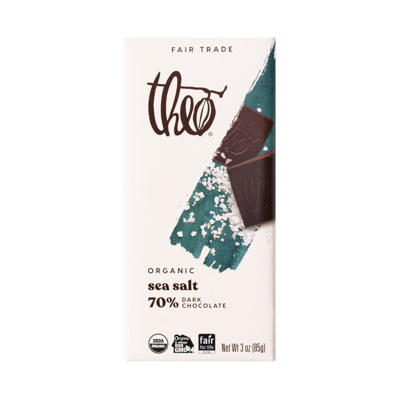 Theo Organic sea salt 70% dark chocolate bar packaging on a white background