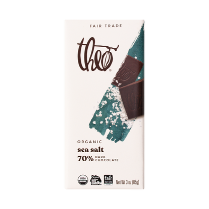 Theo Organic sea salt 70% dark chocolate bar packaging on a white background