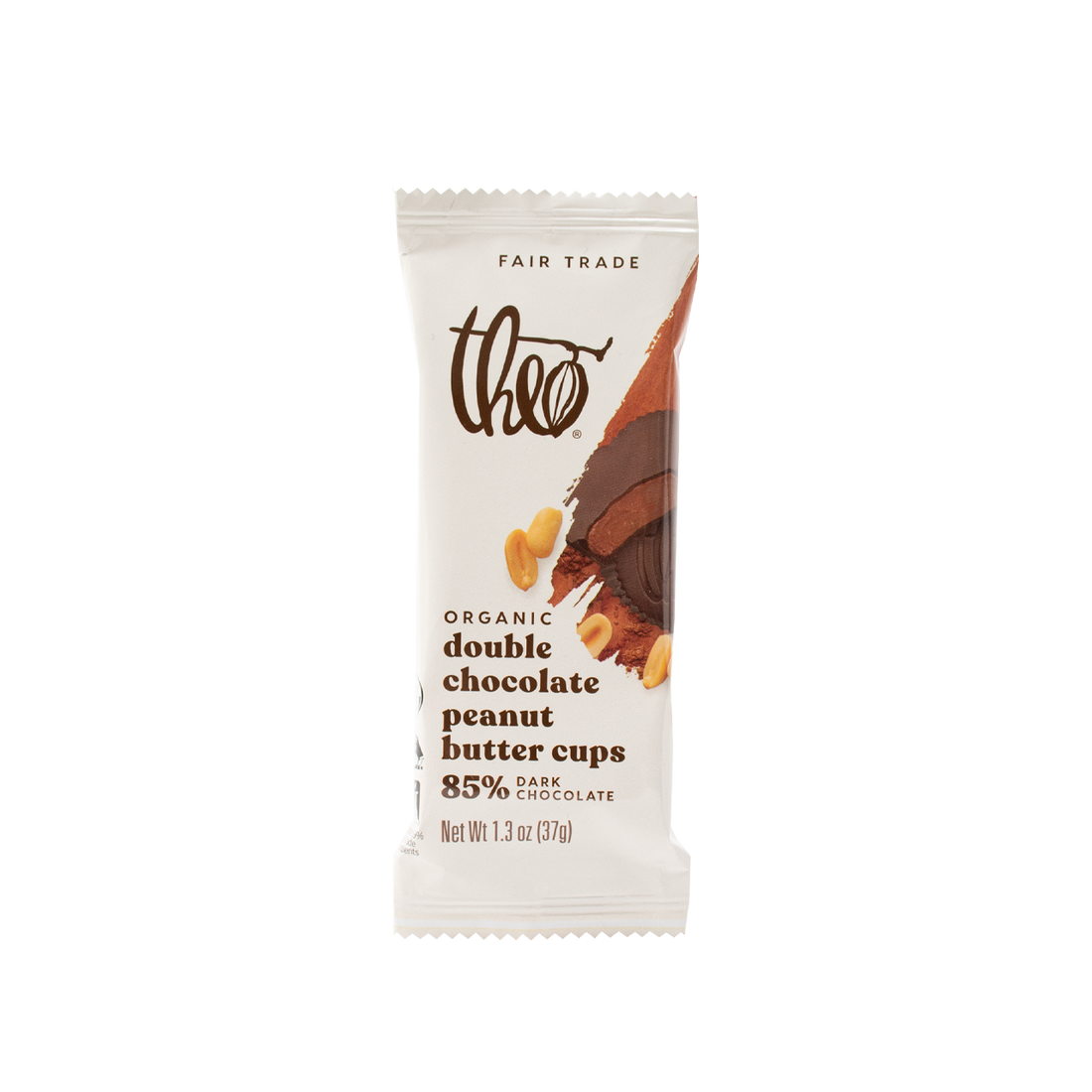 Theo Organic Double Chocolate Peanut Butter Cups with 85% dark chocolate packaging on a white background
