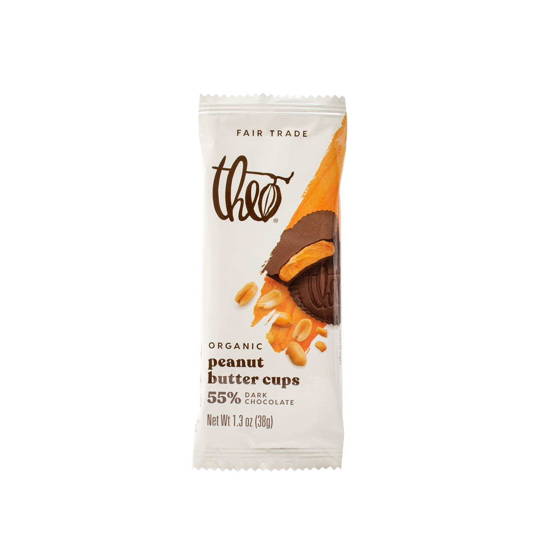 Theo Organic Peanut Butter Cups with 55% dark chocolate packaging on a white background