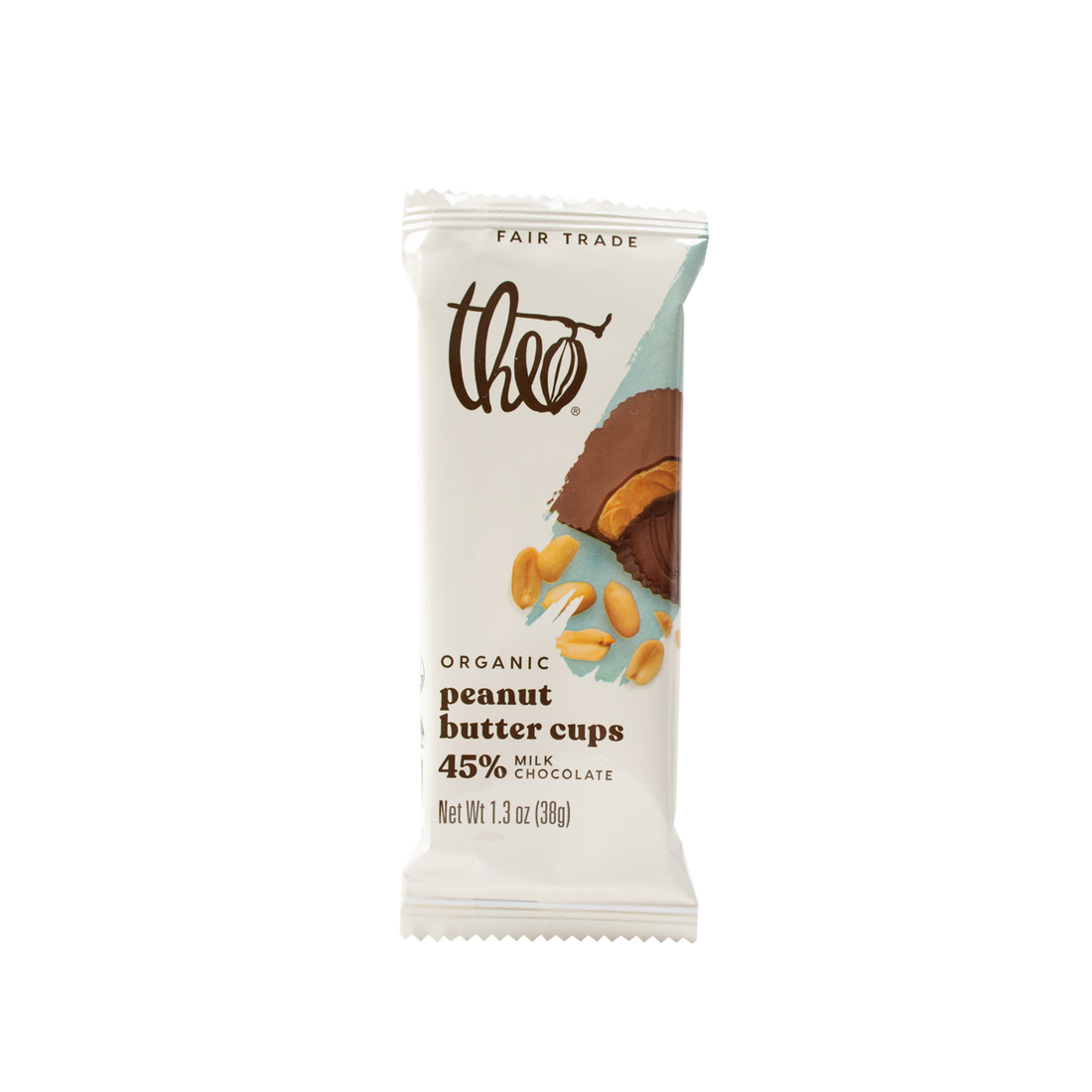 Theo Organic Peanut Butter Cups packaging on a white background