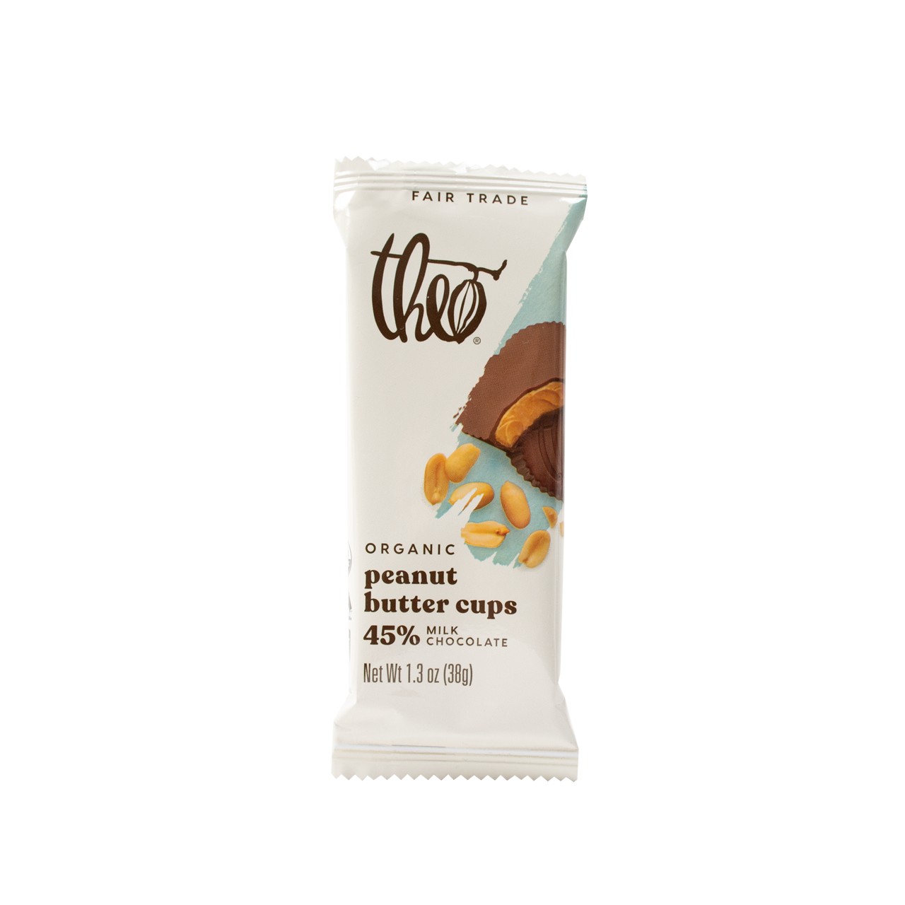 Theo Organic Peanut Butter Cups packaging on a white background