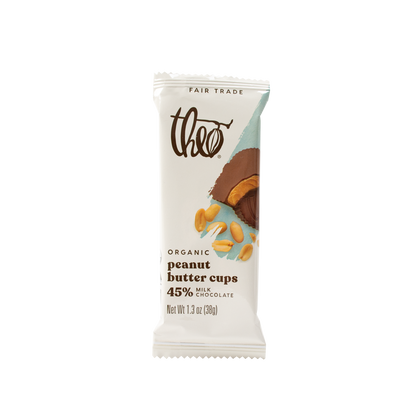 Theo Organic Peanut Butter Cups packaging on a white background