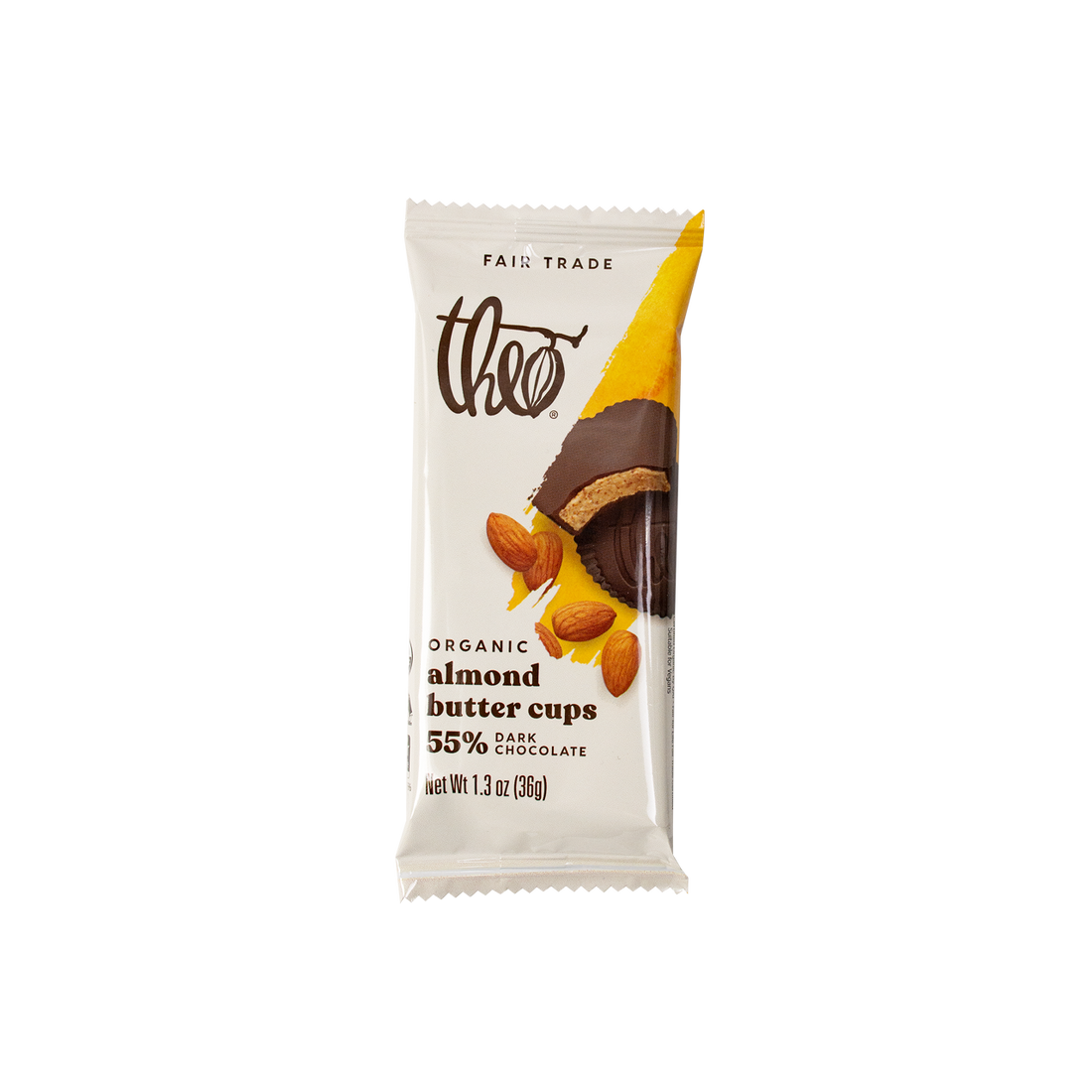 Theo Organic Almond Butter Cups with 55% dark chocolate packaging on a white background