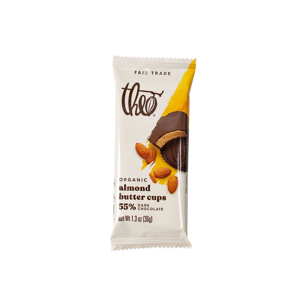 Theo Organic Almond Butter Cups with 55% dark chocolate packaging on a white background