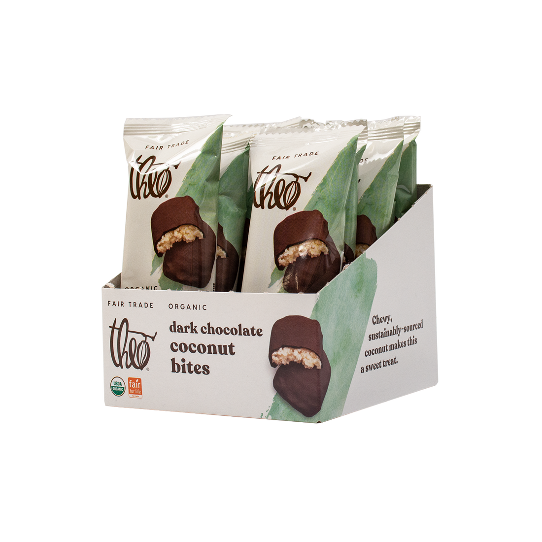 Box of 12 Theo dark chocolate coconut bites on a white background