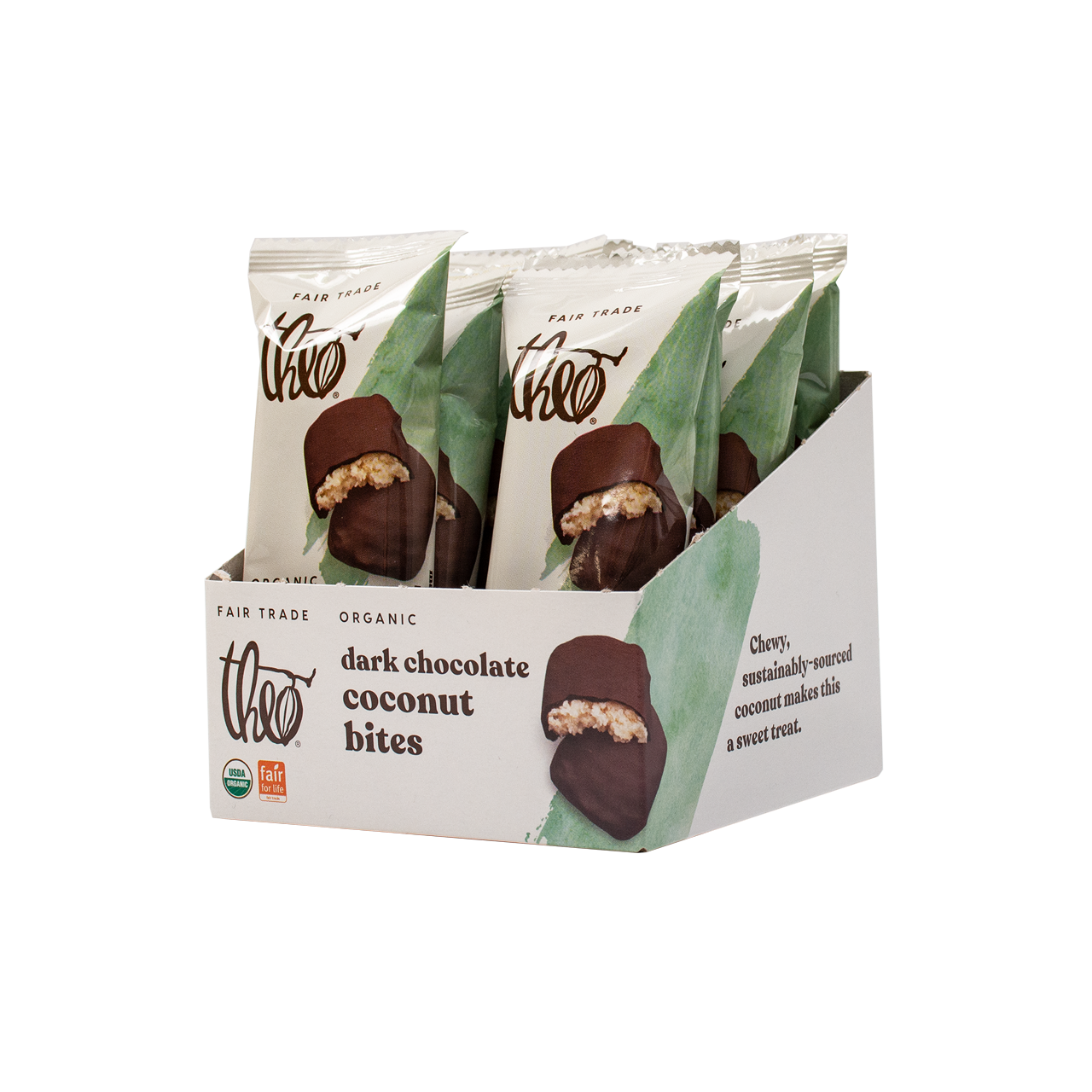 Box of 12 Theo dark chocolate coconut bites on a white background