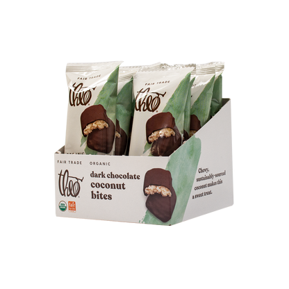 Box of 12 Theo dark chocolate coconut bites on a white background