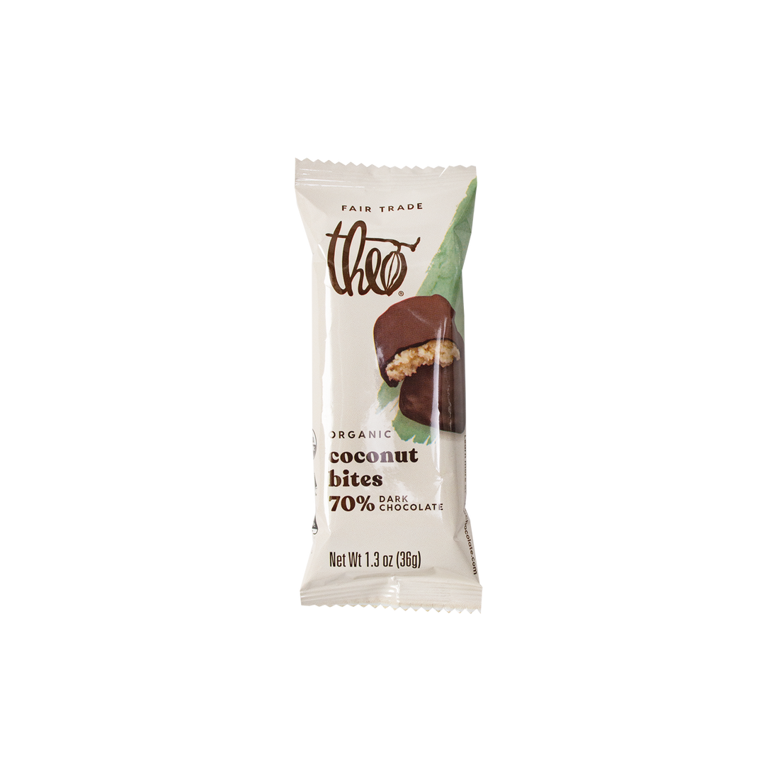 Theo Organic Coconut Bites 70% Dark Chocolate packaging on a white background