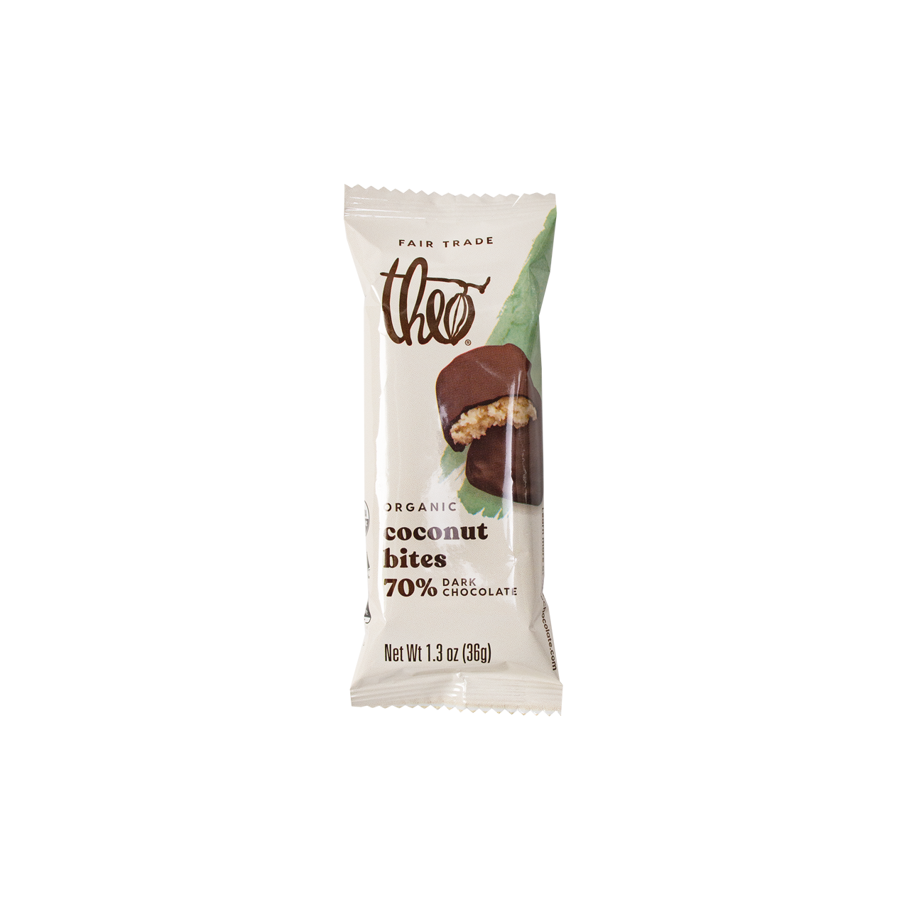 Theo Organic Coconut Bites 70% Dark Chocolate packaging on a white background