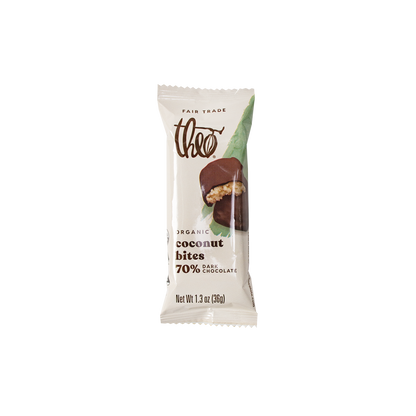 Theo Organic Coconut Bites 70% Dark Chocolate packaging on a white background