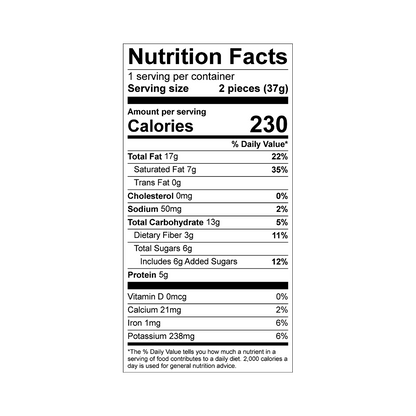 Nutrition facts label for Theo Organic Double Chocolate Peanut Butter Cups with 85% dark chocolate 