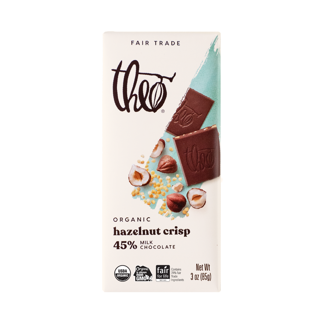 Theo Organic hazelnut crisp milk chocolate bar packaging on a white background
