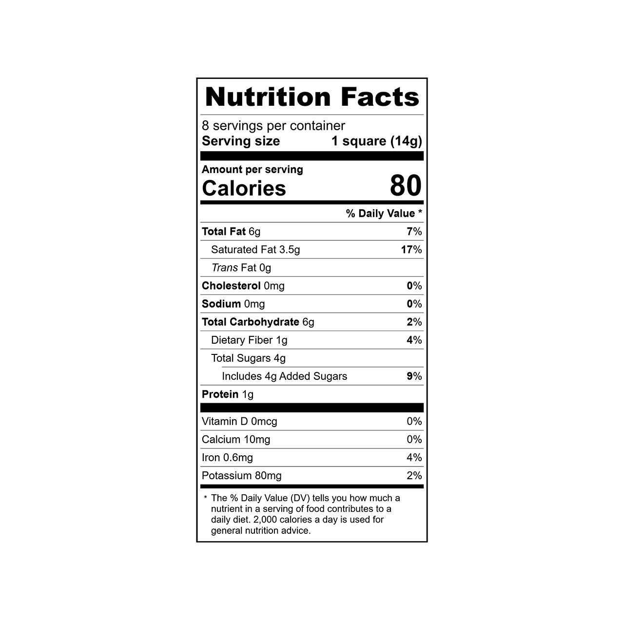 Nutrition facts label for Theo 70% Dark Chocolate Bittersweet Baking Bar