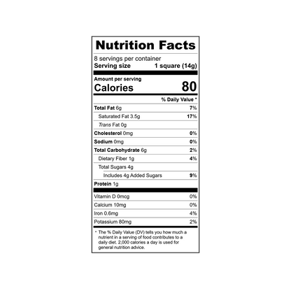 Nutrition facts label for Theo 70% Dark Chocolate Bittersweet Baking Bar